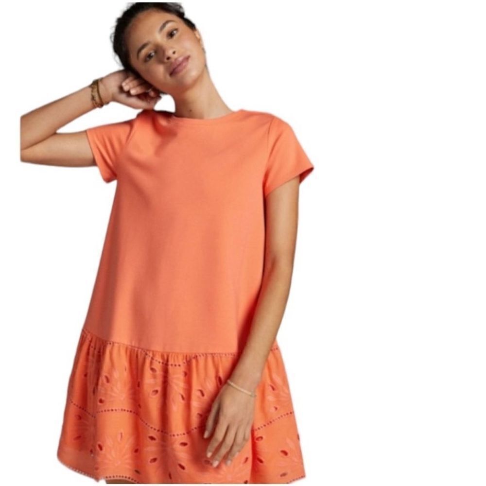 Anthropologie - Maeve Coral Eyelet Hem Flounce Relaxed Fit Dress Size XS